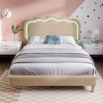 Lit rembourr� double 140 x 200 cm - �clairage led - t�te de lit r�glable - sommier � lattes - beige - ...