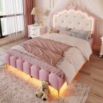 Lit rembourr� double 140 x 200 cm lit enfant lit princesse pu avec t�te de lit couronne lumi�re led et ...
