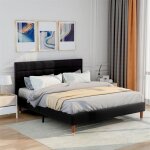 Lit rembourr� 140x200 en lin noir avec sommier � lattes ? 2 places t�te de lit bois massif