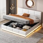Lit rembourr lit double 160 x 200 cm avec sommier  lattes led et rangement hydraulique - blanc