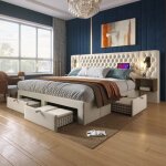 Lit double adulte rembourr� 160x200 velours beige grande t�te de lit sommier tapissier 4 tiroirs de rangement ...