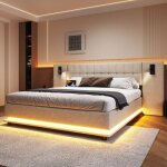 Lit rembourr� double 180x200 cm lit adulte capitonn� en lin avec bande led ports usb lampes de chevet ...