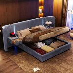 Lit rembourr� double 180x200 cm lit coffre capitonn� en velours avec bande led ports usb tables de chevet ...