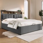 Lit rembourré lit double avec prise usb c fonction de charge rangement intégré cadre de lit en lin 160x200 ... Lit rembourré lit double avec prise usb c fonction de charge rangement intégré cadre de lit en lin 160x200 ...