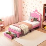 Lit rembourr� enfant 90x200 cm avec lumi�re led et tiroir lit fille avec t�te de lit couronne r�glable ...