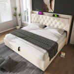 Lit coffre rembourr� 160 x 200 cm blanc avec matelas 25 cm led et port usb type?c