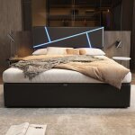 Lit rembourr� avec led - 90x200 cm - cuir synth�tique - sommier � lattes - rangement cach�
