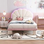 Lit rembourré avec led tête de lit à coupe onduléepieds ronds rembourrésvelourssans matelas beige + rose ... Lit rembourré avec led tête de lit à coupe onduléepieds ronds rembourrésvelourssans matelas beige + rose ...