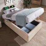 Lit simple rembourr� 90x190 cm lit coffre avec usb - c et sommier � lattes int�gral sans t�te de lit ...
