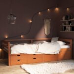 Cadre de lit avec rangement - deco - 90x200 cm - bois de pin massif - marron miel - 1 place