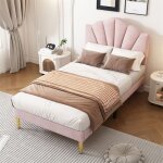 Lit 1 place 90x200 cm rembourr� velours rose - sommier � lattes t�te de lit r�glable 150 kg