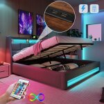Lit rembourr� avec usb 180 x 200 cm lit double led avec sommier � lattes en m�tal cadre de lit en lin ...