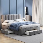 Lit rembourr� velours gris 140x200 avec sommier � lattes t�te de lit & 4 tiroirs ? sans matelas