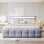Lit rembourr� en velours hollandais 180�200 cm avec �clairage led base de lattes espace de stockage gris ...