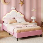 Lit rembourr en velours rose 140x200 cm avec clairage led et sommier  lattes cadre de lit pour fille ...