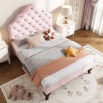 Lit rembourr� velours rose 90x200 cm avec sommier � lattes et t�te de lit r�glable ? 1 place (sans matelas) ...