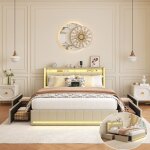 Lit rembourre 4 tiroirs 160 x 200 cm - lit adulte double avec sommier  lattes - led et usb - rangement ...
