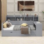 Lit enfant 90200cm chevet rangement bureau 2 tiroirs prise et port usb lit coffre peint en gris