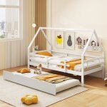 Lit simple 90 x 200 cm costway structure de lit avec lit gigogne 90x200cm forme de maison cadre en bois ...