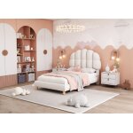 Lit simple 90 x 200 cm - t�te de lit cloud - sommier � lattes pin (14 lattes) - bois massif - beige
