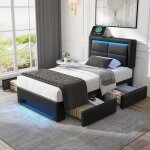 Lit simple 90x190 cm - lit coffre avec 4 tiroirs et �clairage led - lit capitonn� pu - noir - sans matelas ...