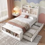 Lit simple 90x190 cm avec tiroirs et Étagère lit enfant banquette avec espace de rangement lit en bois ... Lit simple 90x190 cm avec tiroirs et Étagère lit enfant banquette avec espace de rangement lit en bois ...