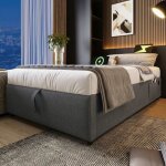 Lit simple 90x190 cm avec usb - c - lit coffre avec sommier  lattes toute la surface - coton - gris