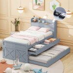 Lit enfant 90x190 cm en pin gris avec tiroirs et lit gigogne t�te avec �tag�res et port usb (sans matelas) ...