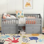 Lit mi - hauteur 90x200 cm - 4 tiroirs - garde - corps de s�curit� - bois de pin et mdf - gris