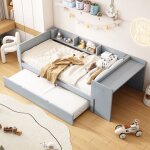 Lit simple 90x200 cm avec lit gigogne lit plat avec bureau et chevets gris Lit simple 90x200 cm avec lit gigogne lit plat avec bureau et chevets gris