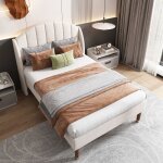 Lit simple 90x200 cm - velours beige - t�te de lit rembourr�e - sommier � lattes inclus - montage facile ...