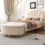 Lit simple 90x200cm en velours avec rembourr tte de lit en forme de coquillage rglable - banquette ...