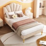 Lit simple 90x200cm - velours beige - t�te de lit r�glable - design �l�gant - structure en bois et m�tal ...