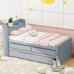 Lit simple lit en bois massif bois de pin 90x190 cadre � lattes de tiroir multifonctions table de chevet ...