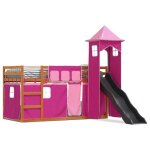 Lit simple contemporain lit superpos enfant sans matelas avec toboggan et rideaux 90x200 cm - 1 place ...