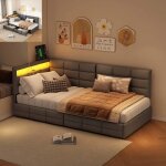 Canap� lit 90x200 cm lit simple rembourr� avec led lit banquette avec ports usb et 2 tiroirs cadre de ...