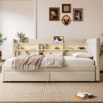 Lit simple m�ridienne convertible 90x200 cm avec sommier � lattes 2 tiroirs ports usb / type - c et rangements ...