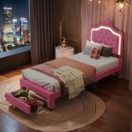 Lit simple princesse - ambiance - 90x200 cm - en pu - lumi�res led - structure de lit avec tiroir de ...