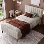 Lit simple rembourr� 90x200 cm en lin gris beige avec t�te de lit r�glable ? cadre de lit moderne et ...