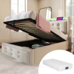 Lit simple rembourr� 90x200 t�te de lit led et usb - c sommier lattes bois cadre m�tal 150 kg beige coton ...