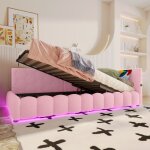 Lit simple lit de repos mridienne 90x200cm rose led usb&type - c hydraulique lattes imitation polaire ...