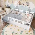 Lit au sol 140x190 cmlit double avec barri�resd�cor �toiles et lunes lit enfant avec sommier � lattes ...