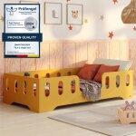 Lit au sol enfant avec barriere - 90x190 en bois tila 2 - couleur jaune - sommier - montage rapide - ...