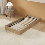 Lit avec sommier 90 x 190cm - revêtement tissu brun - stable et robuste - pieds centraux de renfort Lit avec sommier 90 x 190cm - revêtement tissu brun - stable et robuste - pieds centraux de renfort