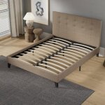 Lit avec sommier & tte de lit capitonne - 120 x 190 cm - brun - revtement tissu - robuste avec pieds ...