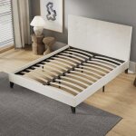 Lit avec sommier & tte de lit capitonne - 140 x 190 cm - lin - revtement tissu - robuste avec pieds ...