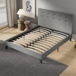 Lit avec sommier & t�te de lit capitonn�e - 160 x 200 cm - gris - rev�tement tissu - robuste avec pieds ...