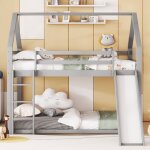 Lit superpos� 140 x 200 cm avec toboggan lit en bois avec toit barreau lit mezzanine pour enfants pin ...