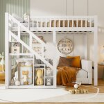 Lit superposé 140x200 cm lit mezzanine denfant avec escalier et sommier à lattes blanc Lit superposé 140x200 cm lit mezzanine denfant avec escalier et sommier à lattes blanc