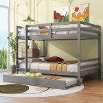Lit superpos� 140x200 cm avec lit gigogne escalier & barri�res pin + mdf gris - sans matelas